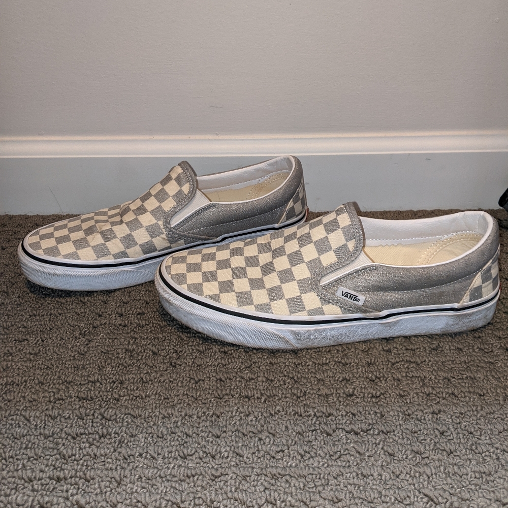 Vans Checkerboard Silver Slip On Sneakers